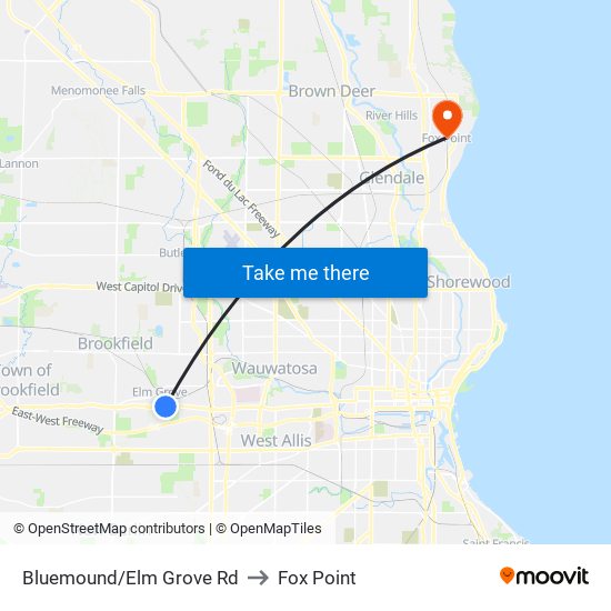 Bluemound/Elm Grove Rd to Fox Point map