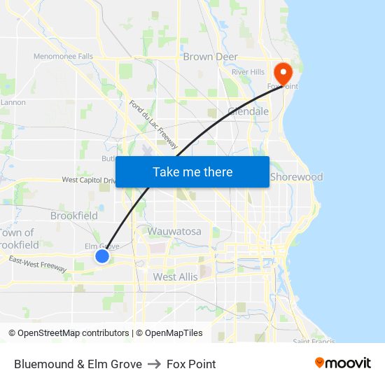 Bluemound & Elm Grove to Fox Point map