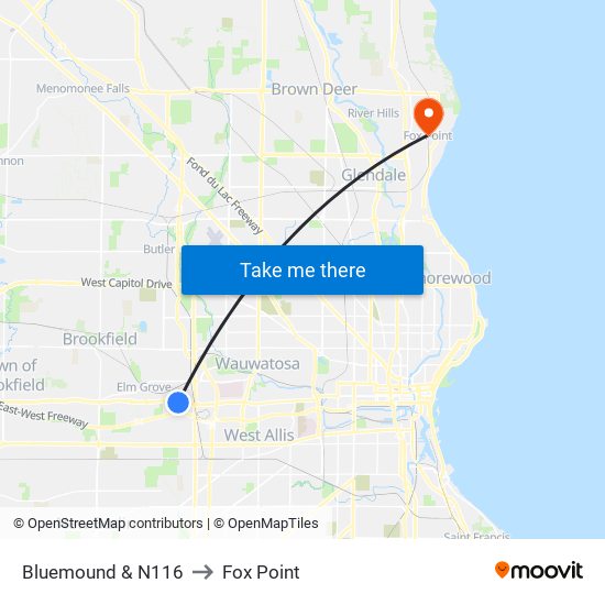 Bluemound & N116 to Fox Point map