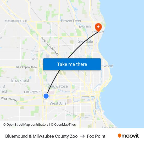 Bluemound & Milwaukee County Zoo to Fox Point map