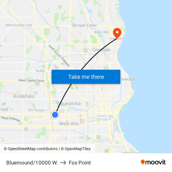 Bluemound/10000 W. to Fox Point map