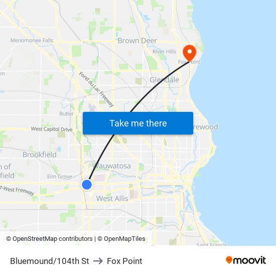 Bluemound/104th St to Fox Point map