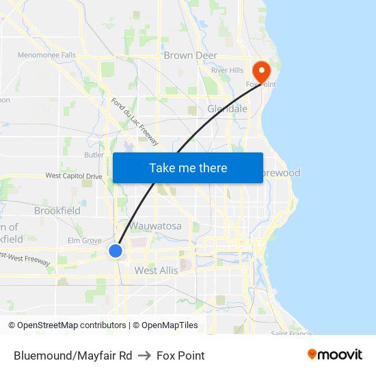 Bluemound/Mayfair Rd to Fox Point map