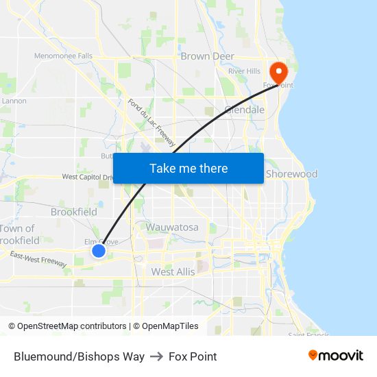 Bluemound/Bishops Way to Fox Point map