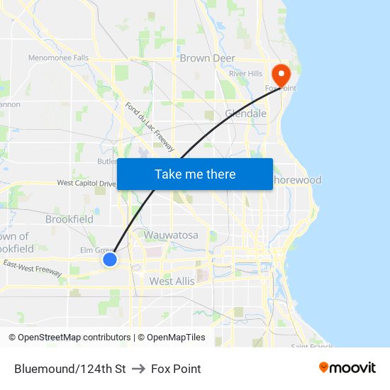 Bluemound/124th St to Fox Point map