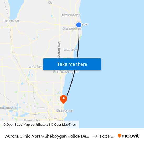 Aurora Clinic North/Sheboygan Police Department to Fox Point map