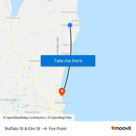 Buffalo St & Elm St to Fox Point map
