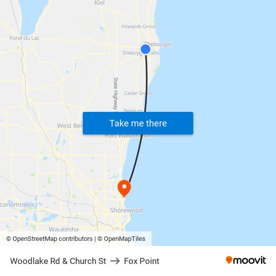 Woodlake Rd & Church St to Fox Point map