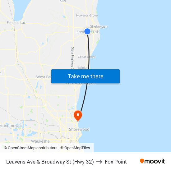 Leavens Ave & Broadway St (Hwy 32) to Fox Point map