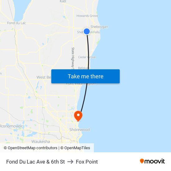 Fond Du Lac Ave & 6th St to Fox Point map