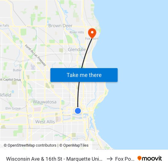 Wisconsin Ave & 16th St - Marquette University to Fox Point map