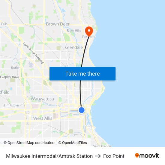 Milwaukee Intermodal/Amtrak Station to Fox Point map