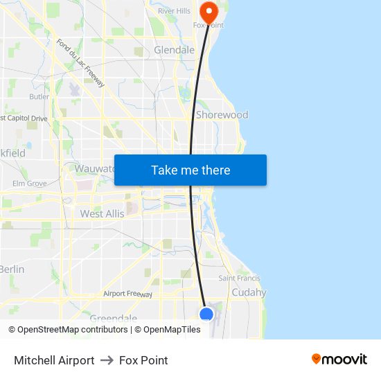 Mitchell Airport to Fox Point map