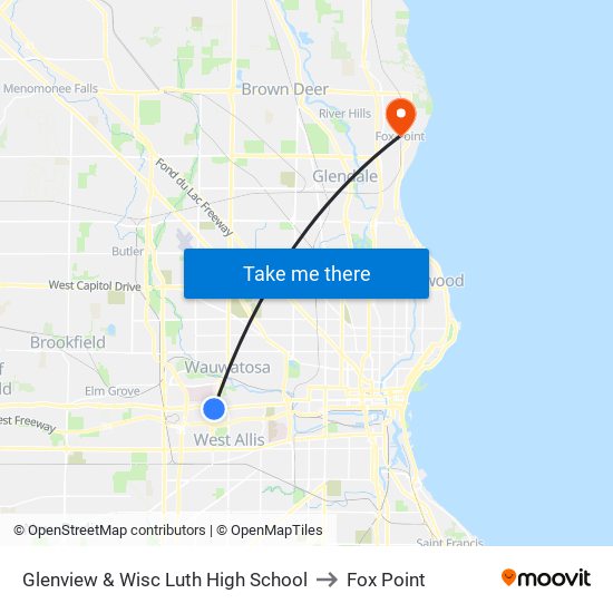 Glenview & Wisc Luth High School to Fox Point map