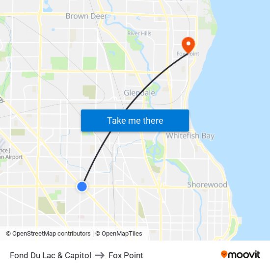 Fond Du Lac & Capitol to Fox Point map