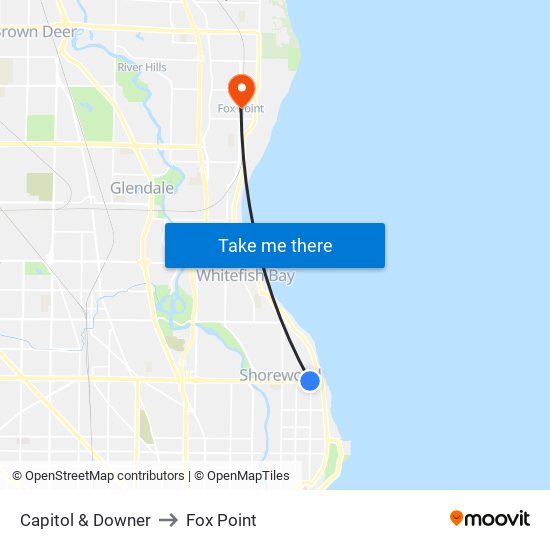 Capitol & Downer to Fox Point map