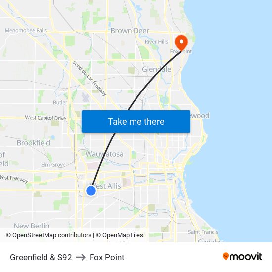 Greenfield & S92 to Fox Point map