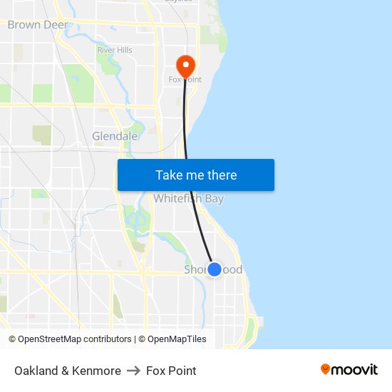 Oakland & Kenmore to Fox Point map