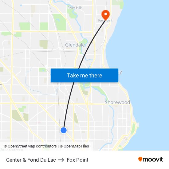 Center & Fond Du Lac to Fox Point map