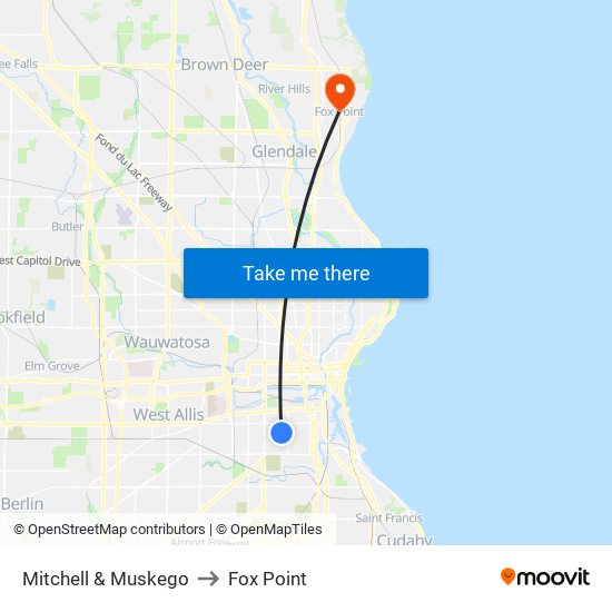 Mitchell & Muskego to Fox Point map