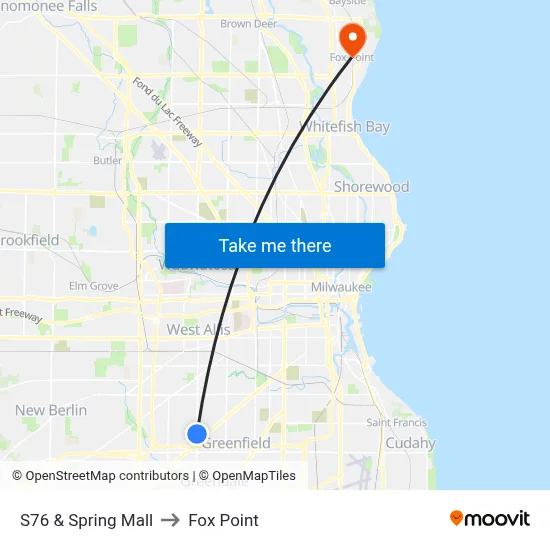 S76 & Spring Mall to Fox Point map