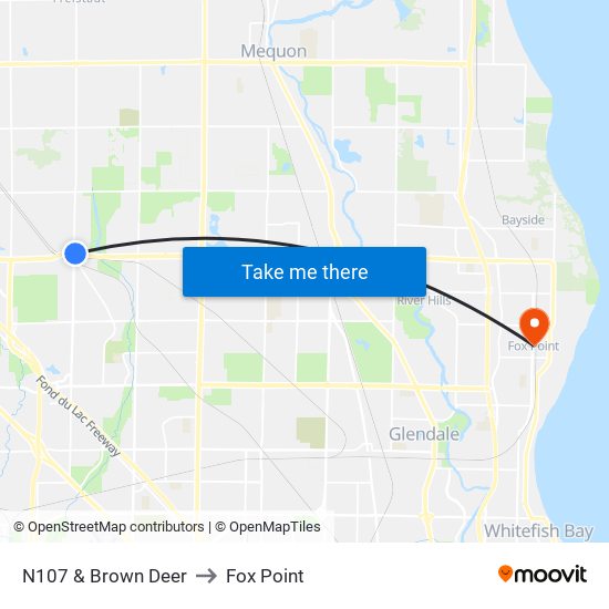 N107 & Brown Deer to Fox Point map