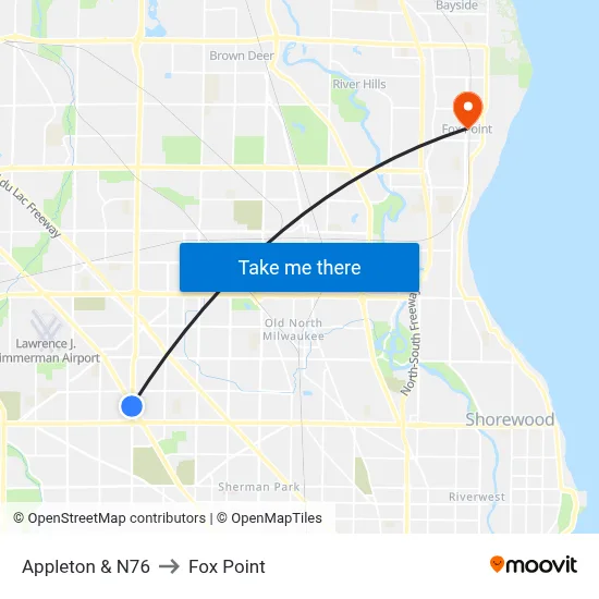Appleton & N76 to Fox Point map