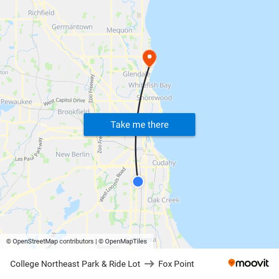 College Northeast Park & Ride Lot to Fox Point map