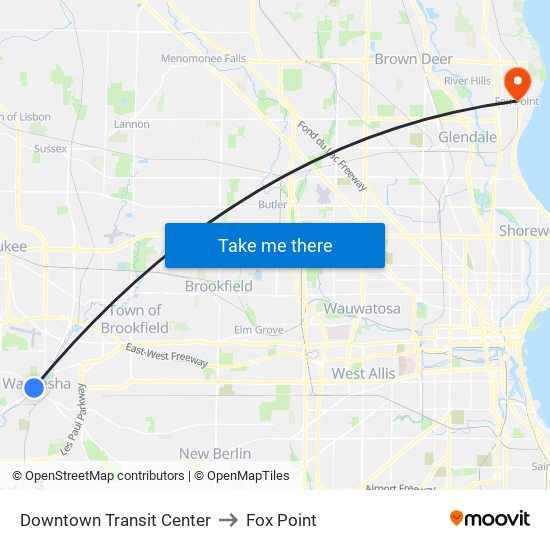 Downtown Transit Center to Fox Point map