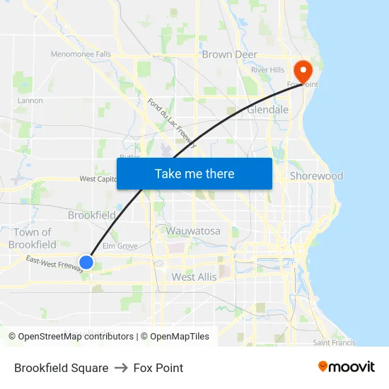 Brookfield Square to Fox Point map