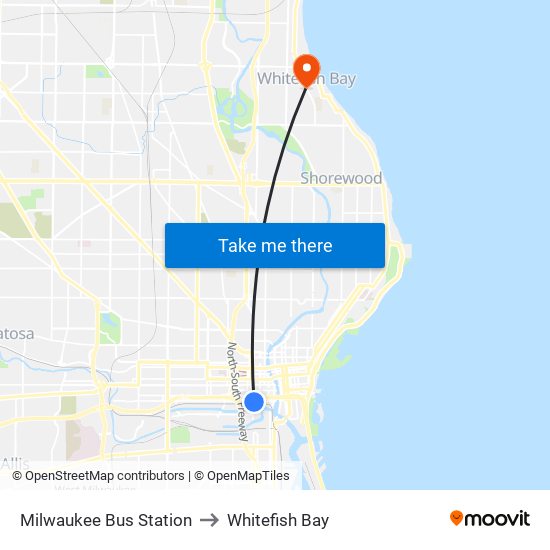 Milwaukee Bus Station to Whitefish Bay map