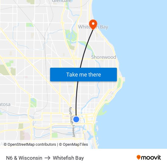 N6 & Wisconsin to Whitefish Bay map