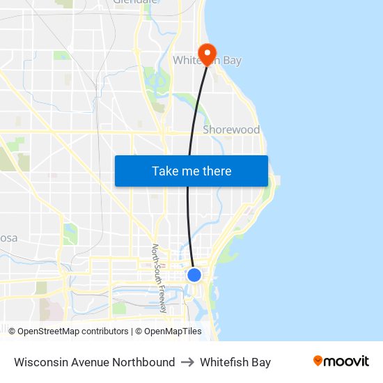 Wisconsin Avenue Northbound to Whitefish Bay map
