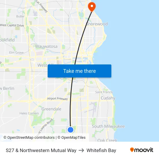 S27 & Northwestern Mutual Way to Whitefish Bay map