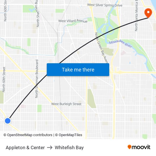 Appleton & Center to Whitefish Bay map