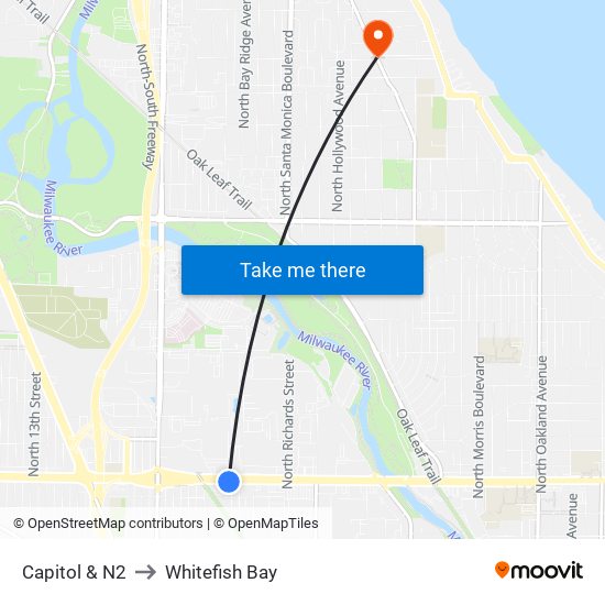 Capitol & N2 to Whitefish Bay map