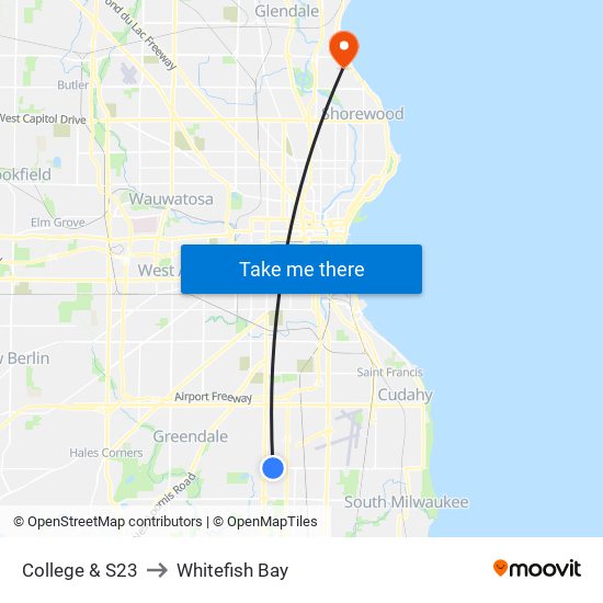 College & S23 to Whitefish Bay map