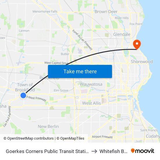 Goerkes Corners Public Transit Station to Whitefish Bay map