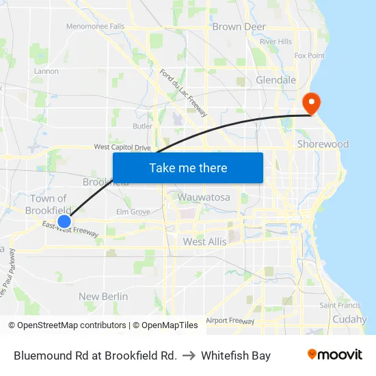 Bluemound Rd at Brookfield Rd. to Whitefish Bay map