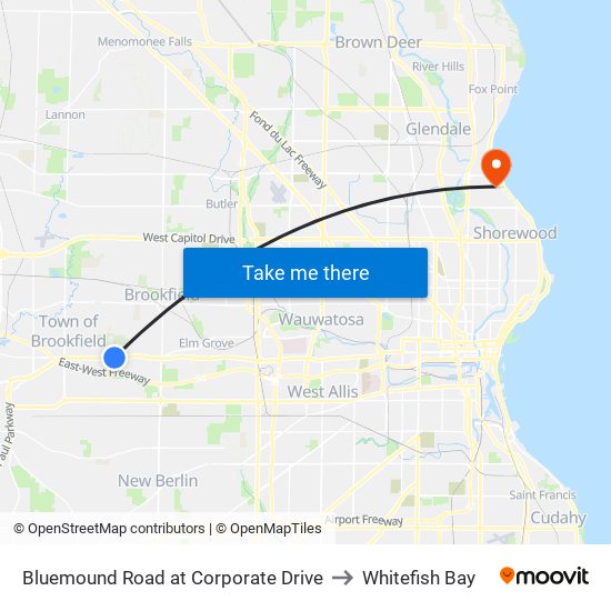 Bluemound Road at Corporate Drive to Whitefish Bay map