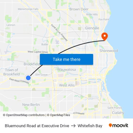 Bluemound Road at Executive Drive to Whitefish Bay map