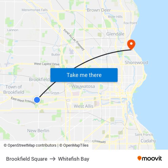 Brookfield Square to Whitefish Bay map