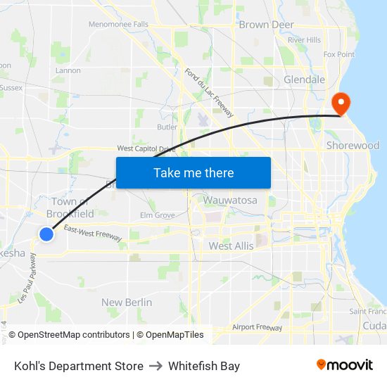 Kohl's Department Store to Whitefish Bay map