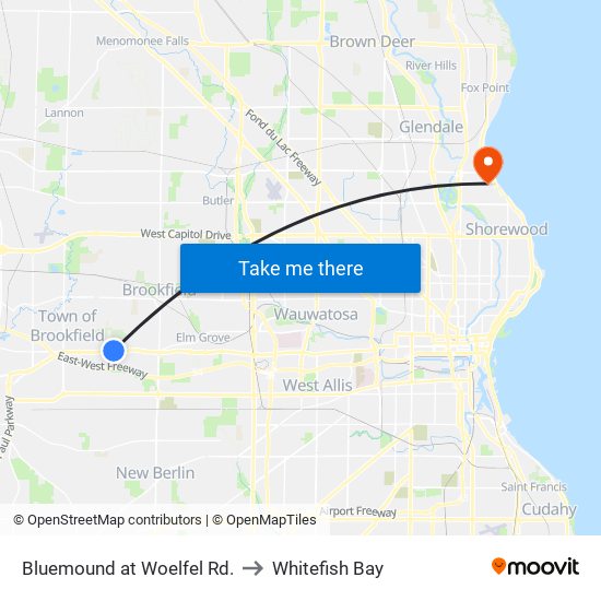 Bluemound at Woelfel Rd. to Whitefish Bay map