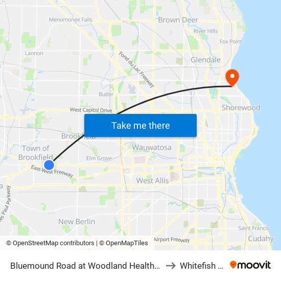 Bluemound Road at Woodland Health Center to Whitefish Bay map