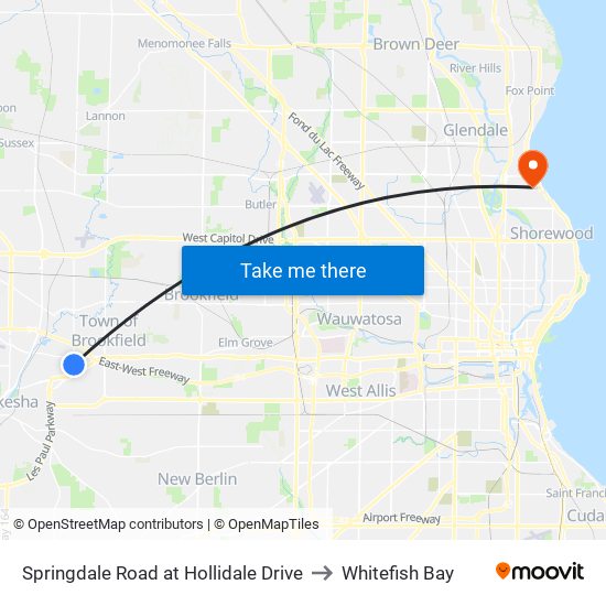 Springdale Road at Hollidale Drive to Whitefish Bay map