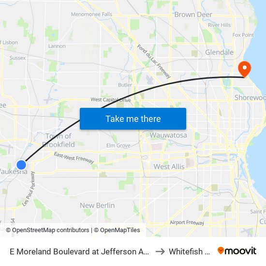 E Moreland Boulevard at Jefferson Avenue to Whitefish Bay map