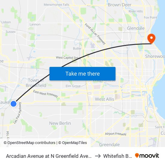 Arcadian Avenue at N Greenfield Avenue to Whitefish Bay map