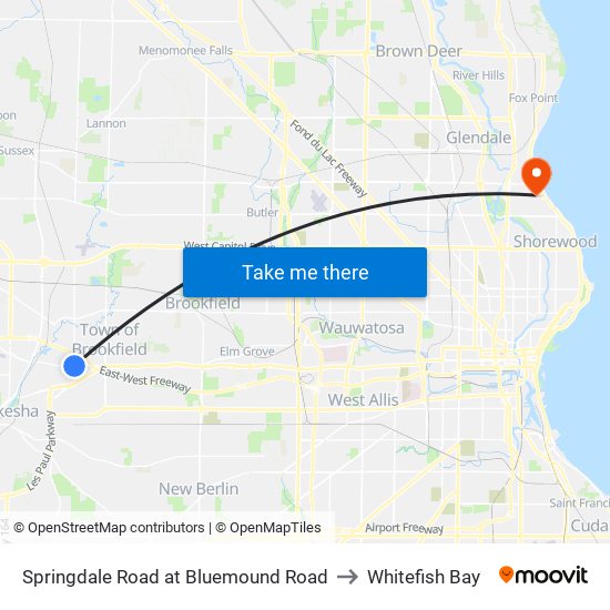 Springdale Road at Bluemound Road to Whitefish Bay map