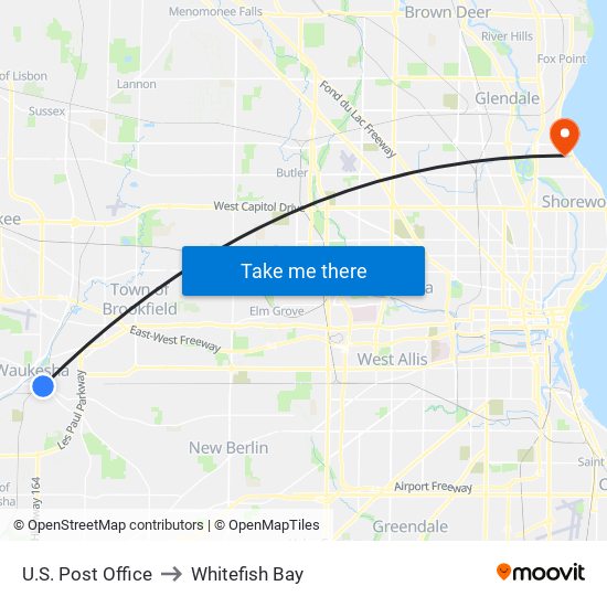 U.S. Post Office to Whitefish Bay map